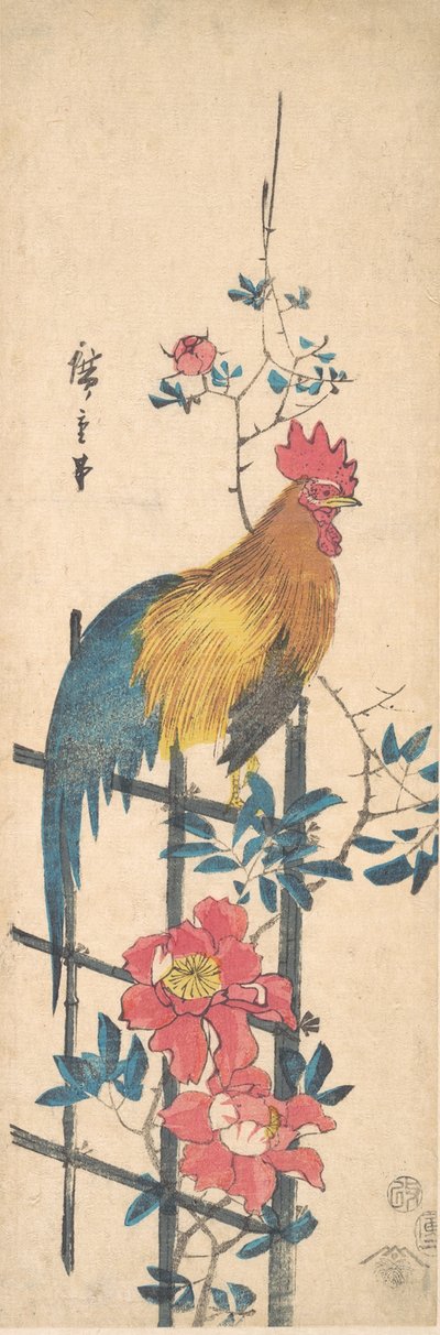 Bazsarózsa és kakas, 1854., 1854. alkotó: Ando Hiroshige