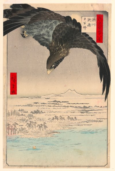 Fájdalom Suzaki Fukagawánál (A rakomány Susaki, Juman-tsubo) A sorozat hegygerincétől, Edo nézetei alkotó: Ando Hiroshige