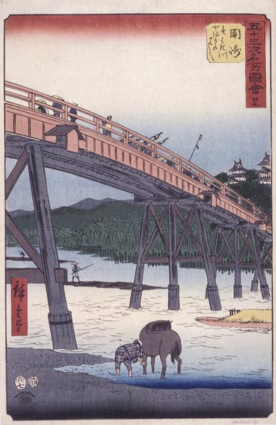 #39 Okasaki – A Tokaido kilátásai, a Tokiótól Kiotóba tartó nemzeti autópálya (színes fatömbnyomat) alkotó: Ando or Utagawa Hiroshige