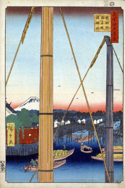 "Edo száz híres képe" (a mai Tokió): Inari híd és Minato templom Teppozuban. Kilátás Tokió városára Japánban a Fuji-hegytel a háttérben. (A kikötői szentély és az Inari híd Teppozuban (Edo száz híres képe). Japán nyomtatás alkotó: Ando or Utagawa Hiroshige