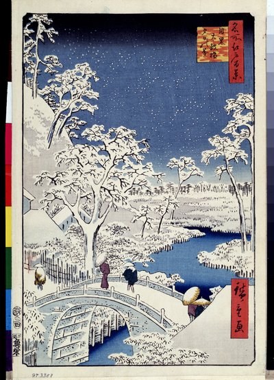 ""Edo száz híres kilátása"": ""Mount Yuhi Hill and Meguro Bridge"". Táj hópelyhekkel. (Yuhi-hegy és a Meguro-i Dobhíd (Edo száz híres képe) Utagawa Hiroshige (1797-1858) japán nyomtatványa 1856-1858 Erm Múzeum alkotó: Ando or Utagawa Hiroshige
