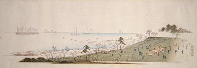 Cseresznyevirágzás ideje, Gotenyamában piknikező emberek (színes fatömbnyomat) alkotó: Ando or Utagawa Hiroshige
