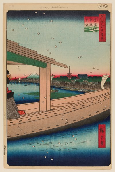Távoli kilátás a Kinryuzan templomra és az Azuma hídra (Azumabashi Kinryuzan Enbo) alkotó: Ando or Utagawa Hiroshige