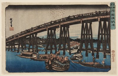 Élvezze az esti hűvösséget a Rygoku hídon (Ry?goku-bashi n?ry?) (színes fatömbnyomat) alkotó: Ando or Utagawa Hiroshige