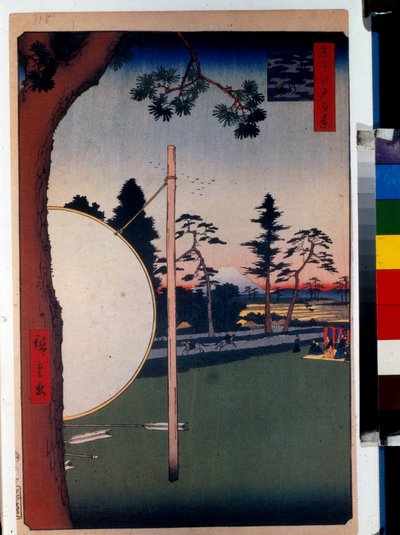 Japán nyomat: A lóversenypálya Takatában (Tokió, Japán). Sorozat száz híres nézet Edo. (A lópálya Takatában, Edo száz híres kilátása). Utagawa Hiroshige (1797-1858) munkája, fametszet (39x26 cm) alkotó: Ando or Utagawa Hiroshige