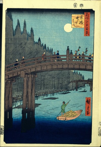 Japán fatömbnyomat: The Bamboo Wharf a Kyobashi Bridge mellett (Tokió, Japán). Sorozat száz híres nézet Edo. (Bamboo Quay a Kyobashi híd mellett, Edo száz híres kilátása). Utagawa Hiroshige (1797-1858) munkája, fametszet (39x26 cm) alkotó: Ando or Utagawa Hiroshige