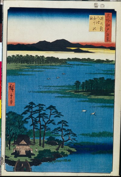 Japán fatömbnyomat: Benten szentély az Inokashira-tó partján (Tokió, Japán) Edo száz híres nézete (Benten szentély az Inokashira-tónál, Edo száz híres kilátása) - Utagawa Hiroshige (1797-1858) munkája , fametszet (39x26 cm alkotó: Ando or Utagawa Hiroshige