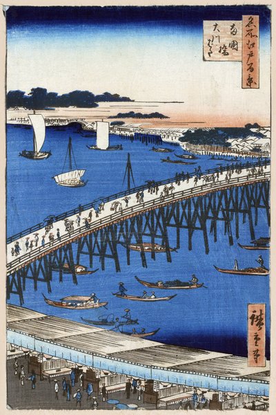 Japán fatömbnyomat: A folyó partja a Ryogoku-hídnál (Tokió, Japán). Sorozat száz híres nézet Edo. (Ryogoku hídnál folyó part. Edo száz híres kilátása). Utagawa Hiroshige (1797-1858) alkotása, fametszet alkotó: Ando or Utagawa Hiroshige