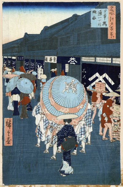Japán fatömbnyomat: Kilátás Nihonbashidori főutcájára (Tokió, Japán). Sorozat száz híres nézet Edo. (Nihonbashidori első utcájának kilátása. Edo száz híres képe). Utagawa Hiroshige (1797-1858) alkotása, fametszet alkotó: Ando or Utagawa Hiroshige