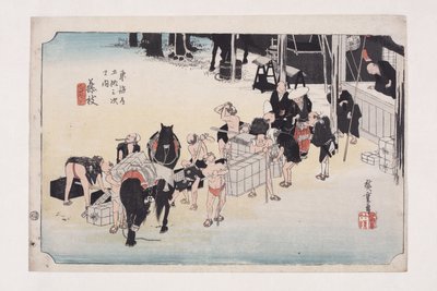 Fujieda: Változó hordárok és lovak (Fujieda, jinba tsugitate) (színes fatömbnyomat) alkotó: Ando or Utagawa Hiroshige