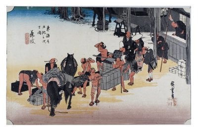 Fujieda: Fiediediediedi: Áthelyezés a lóról az emberiségre. A Tokaido ötvenhárom állomása című sorozatból, 1831-1834 körül (fametszet, papír). alkotó: Ando or Utagawa Hiroshige