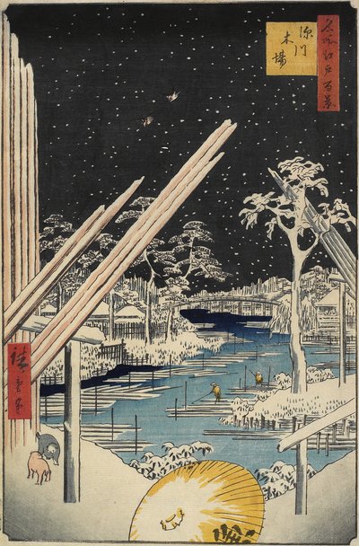 Fukagawa Lumberyards, 1856 alkotó: Ando or Utagawa Hiroshige