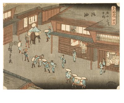 Goyu. Nők állítják meg az utazókat az utcán. A Tokaido ötvenhárom állomása című sorozatból, 1847-1852 körül (fametszet, papír). alkotó: Ando or Utagawa Hiroshige