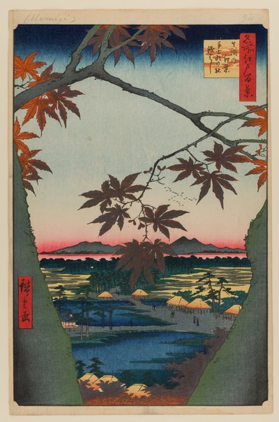 Juharfák a Mamánál, Tekona szentély és összekötött híd alkotó: Ando or Utagawa Hiroshige