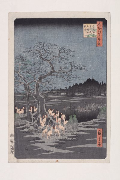 Szilveszter rókatüzek a változó fánál, ?ji (?ji Sh?zoku enoki ?misoka no kitsunebi) (színes fatömbnyomat) alkotó: Ando or Utagawa Hiroshige