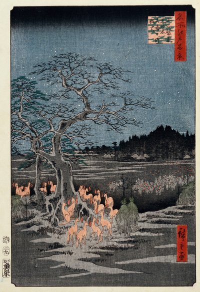 Szilveszter rókatüzek a csalánfánál, Oji, a „Edo száz híres képe” című sorozatból alkotó: Ando or Utagawa Hiroshige