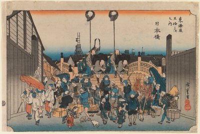 Nihonbashi, „The Fifty-three Stations on the Tokaido Highway”, 1834 körül (fatömbnyomat) alkotó: Ando or Utagawa Hiroshige