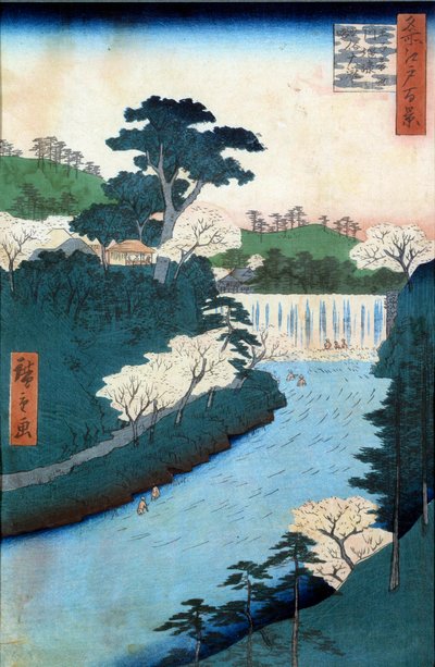 Edo száz híres kilátása: az Otonashioji folyó gátja. Japán nyomtatott Utagawa Hiroshige (1797-1858) 19. század. Magángyűjtemény. alkotó: Ando or Utagawa Hiroshige
