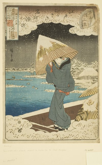 Az Ukifune fejezet paródiája: Komp a Sumida folyón (színes fatömbnyomat) alkotó: Ando or Utagawa Hiroshige