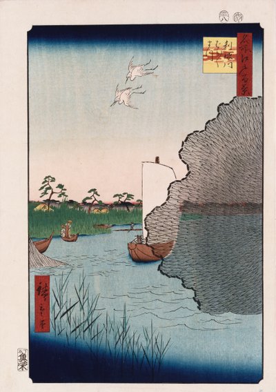 Szórványos fenyő a Tone folyó mentén, a „Száz kilátás az Edo híres helyeiről” sorozatból alkotó: Ando or Utagawa Hiroshige