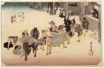 23. állomás, Fujieda (színes fatömbnyomat, toll, tinta, ceruza) alkotó: Ando or Utagawa Hiroshige