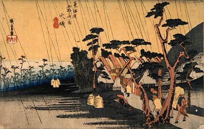 Sudden Shower, Oiso, „A Tokaido Highway ötvenhárom állomása” sorozatból, 1833-34 körül (színes fatömbnyomat) alkotó: Ando or Utagawa Hiroshige