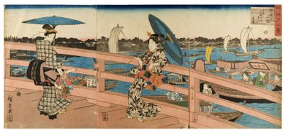 Naplemente ragyogása a Ryogoku hídnál az Edo híres helyeinek nyolc képe sorozatból, 1843-1847 (fadarab papíron) alkotó: Ando or Utagawa Hiroshige