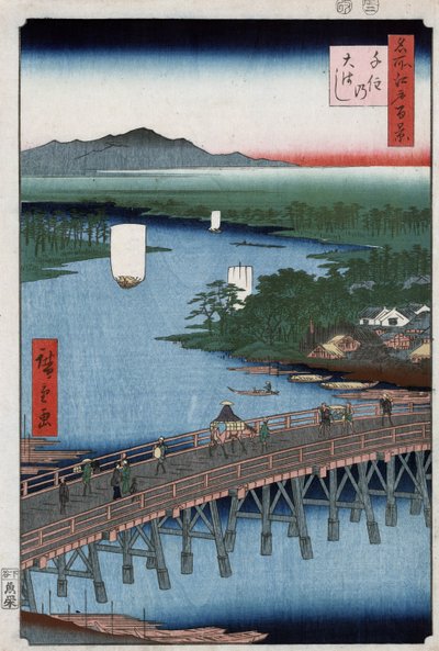 A Sumida folyón átívelő Senju nagy hídja hegyekkel a háttérben, Ando Hiroshige fametszete alkotó: Ando or Utagawa Hiroshige
