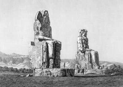 Kilátás a két kolosszusra a thébai Memnoniumban, 20. tábla az "Egyiptom leírásai" II. kötetéről, Louis Pierre Baltard (1764-1836) kocsma metszetével. Napóleon parancsára alkotó: Andre (after) Dutertre