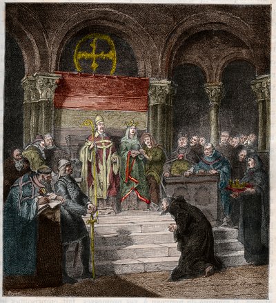 IV. Henrik császár (1050-1106) VII. Gergely pápa (1020-85) lábainál. alkotó: Andre Cluysenaar