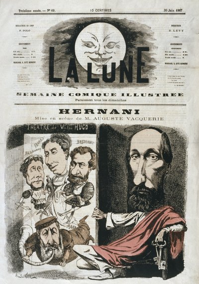 A Victor Hugo által írt és Auguste Vacquerie által rendezett "Hernani" karikatúrája, illusztráció a "La Lune" címlapjáról, 1867. június 30. alkotó: Andre Gill