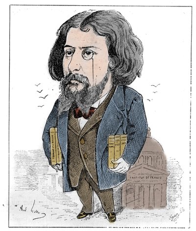 Alphonse Daudet (1840-1897) francia író rajzfilmje könyveivel és monoklijával képviselte magát a párizsi Institut de France előtt. Andre Gill rajza. Metszet a „” Le Monde Illustré”-ben alkotó: Andre Gill