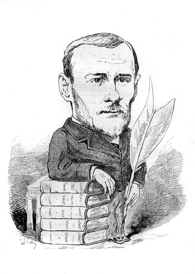 Georges Ohnet (1848-1918), francia író rajzfilmje, aki könyveivel és tollával képviselteti magát. Andre Gill rajza. Metszet a „” Le Monde Illustré”-ben alkotó: Andre Gill