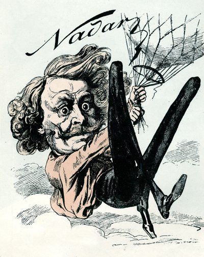 Rajzfilm Felix Nadarról, a légifelvételek úttörőjéről 1858-ban, itt lóg a léggömbjén (metszet) alkotó: Andre Gill