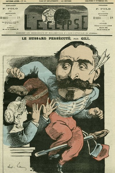 „” a huszár üldözi rajzfilm (Marianne orrát csinálja), Monsieur de Saint-Genest (Szent Genest). Borító: Gill „The Eclipse”, november 29 alkotó: Andre Gill