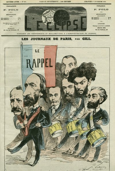 A párizsi újságok ""visszahívása"" rajzfilmje a Republique-ról Paul Meurice (1818-1905), Auguste Vacquerie (1819-1895), Gaulier, Blum, Lefevre, D