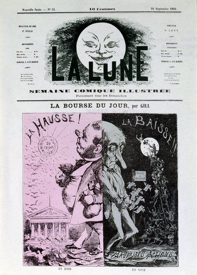Gill napjának ösztöndíja. Rózsaszínben: a frank emelkedése. Feketén: esés és rossz cselekedetek. A tőzsdék Belgiumba indulnak. A „La Lune” egyik újság szeptember 16-án alkotó: Andre Gill