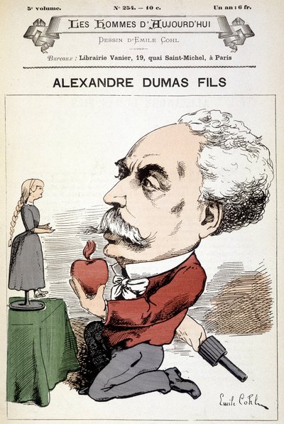 Humoros rajz Alexandre Dumas Filsről. Borító „"Men of Today"", sd. 19. század. alkotó: Andre Gill