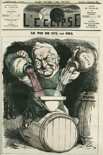 Le vin de 1872, illusztráció: Adolphe Thiers fehér és vörösbor keverésével (1797-1877), francia történész és államférfi. Borító a „” L