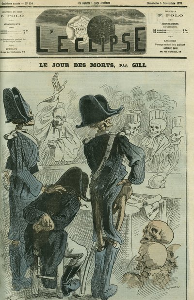 A halottak napján III. Napóleon (1808-1873) bíró volt a Sedan legyőzéséért rendezett csontváz előtt. Borító a Gill „” L
