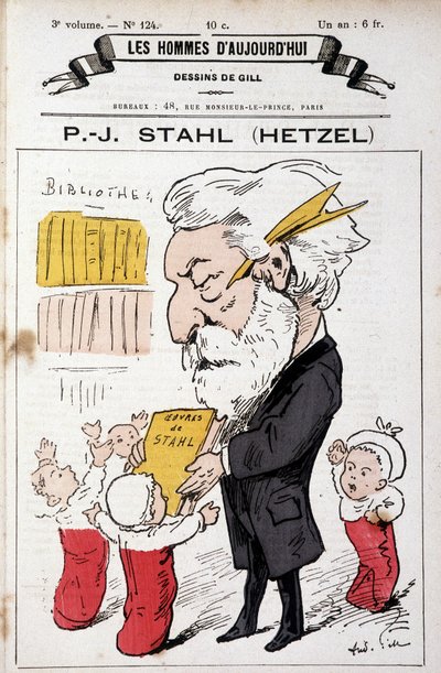 Pierre Jules Hetzel portréja, aki Stahl műveit (álneve) kínálja kisgyermekek számára, „A mai férfiak”, n.d. késő 19. alkotó: Andre Gill
