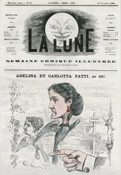 Adelina (1843-1919) és Carlotta Patti (1835-1889) olasz operaénekesnő portréja. Gill rajzfilmje a „The Moon” című filmben, november 25 alkotó: Andre Gill