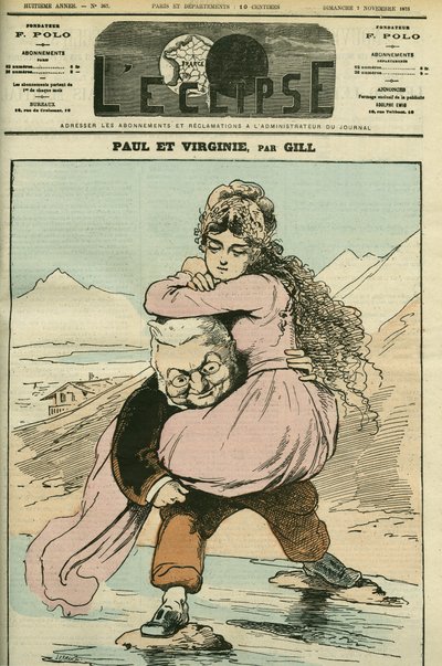 Adolphe Thiers (1797-1877) francia történész és politikus portréja, akit a „Paul et Virginie” (Köztársaság) képvisel. Borító a Gill „” L