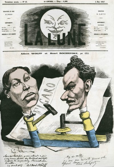 Albert Wolff és Henri Rochefort (1831-1913) francia újságíró és politikus portréja. Gill rajzfilmje a „The Moon” című filmben, május 4 alkotó: Andre Gill