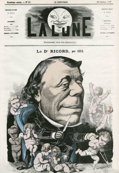Doktor Ricord francia orvos portréja. Gill rajzfilmje a „La Lune”-ban, október 20 alkotó: Andre Gill