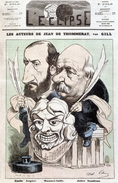 A Jean de Pommeray című darab szerzői, Emile AUGIER (1820-1889) és Jules SANDEAU (1811-1883) portréja, kezében Mounet-Sully komikus (Jean Sully Mounet, Mounet Sully) arcát ábrázoló maszk. alkotó: Andre Gill