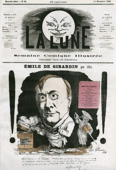 Emile de Girardin (1806-1881) francia újságíró portréja. Gill rajzfilmje a „The Moon” című filmben, november 11 alkotó: Andre Gill