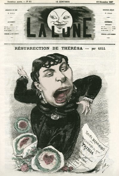 Emma Valladon dit Theresa (1837-1913) francia operetténekesnő portréja. Gill rajzfilmje a „La Lune”-ban, december 15 alkotó: Andre Gill