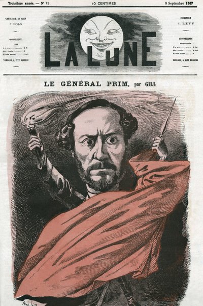 Juan Prim tábornok (1814-1870), spanyol katona és politikus portréja. Gill rajzfilmje a „The Moon” című filmben, szeptember 8 alkotó: Andre Gill