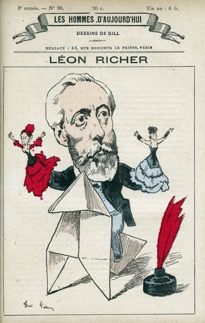 Leon Richer (1824-1911), francia újságíró és értelmiségi portréja, 1882-ben megalapította az Association pour le droit des femmes és a Ligue francaise pour le droit des femmes szervezetet. Gill rajzfilm, Párizs. alkotó: Andre Gill